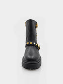 Bottines biker à boucles et clous dorés – Noir