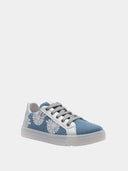 Lage sneakers van canvas met zilveren bloemen - Jeansblauw